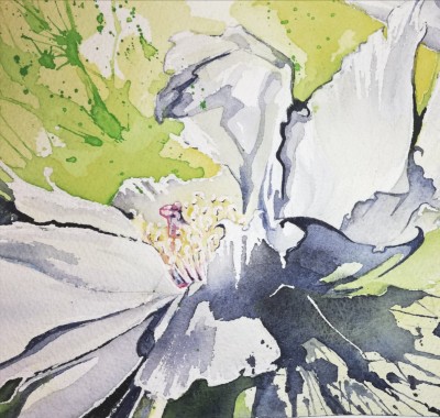 Aquarellbild einer Pfingstrose in expressiven Gelb- und Grüntönen